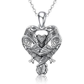 Raven Urn Pendant Necklace 925 Sterling Silver Crow Huginn and Muninn Viking Jewelry Couple Gifts for Women and Men