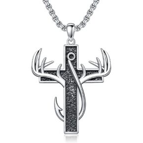 Cross Necklace for Men Cross Deer Antler Fish Hook Necklace 925 Sterling Silver Hunting Necklace Fishing Pendant Cross Jewelry Gifts for Men