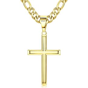 THUNARAZ 925 Sterling Silver Cross Necklace for Men Women Durable Stainless Steel Figaro Link Cuban Chain Crucifix Pendant Necklace Jewelry 2pcs Length Chains