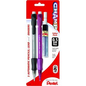 Pentel Champ Automatic Pencil with Lead and 2 Erasers, 0.5mm, Assorted Barrels, 2 Pack (AL15LEBP2)