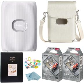 BluebirdSales Fujifilm Instant Mini Link 2 Smartphone Printer + Fuji Stone Gray Film (20 Sheets) Photo Accessory Kit (Photo Frames + Album), Carrying Case + Microfiber Cleaning Cloth (Clay White)