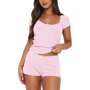 Womens Two Piece Pajama Sets Ribbed Lace Square Neck Top and Shorts Matching Set Loungewear PJ Set Outfits