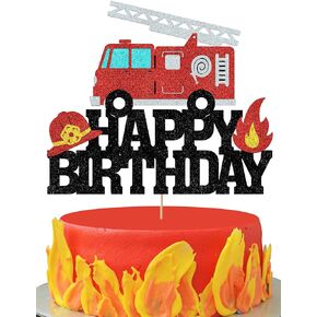 Fire Truck Cake Topper Firetruck Fireman Happy Birthday Cake Decorations for Boys Girls Glitter Fire Truck Theme Party Decoration Supplies