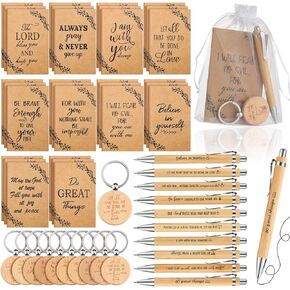 Yeaqee 80 Pcs Christian Gifts Include 20 Pcs Retractable Bamboo Pens 20 Pcs Bible Verse Inspirational Notebooks 20 Pcs Inspirational Keychains 20 Pcs Organza Bags for Women Men Nurse Teacher Gifts