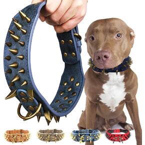Spiked Studded Dog Collar with Large Sharp Spikes,2 Inch Wide Leather Dog Collar,Anti-bite,Fit Large Dogs,Pitbull Doberman (L, Blue)
