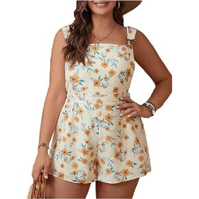 MakeMeChic Women's Plus Size Floral Print Sleeveless Square Neck Short Jumpsuits Overalls Romper
