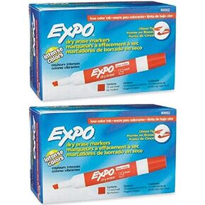 Expo 80002 Low Odor Dry Erase Markers, Chisel Tip, Red Color, 2 Sets with 12 Markers, Total of 24 Markers
