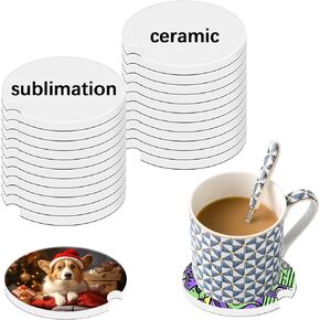 10 PCS Ceramic car Coasters Sublimation Blanks Bulk，for DIY Personalized Printed car Decoration, White Round with Finger notches for Easy disassembly, Christmas Crafts