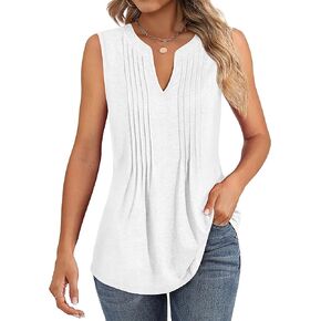 Women's Tank Tops Sleeveless Pleated Tunic V Neck T-Shirts Summer Dressy Casual Loose Blouses 2024 Trendy