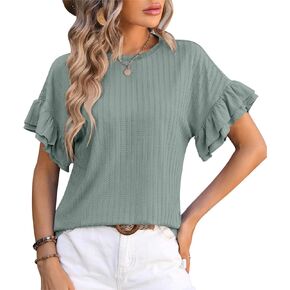 Womens Summer Tops Crewneck Ruffle Short Sleeve Tee Shirts Casual Babydoll Blouses