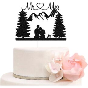 Mountain Wedding Cake Topper, Outdoors Romantic Wedding Cake Toppers, Hiking Mr & Mrs/Bride and Groom Cake Decor, Forest Theme Wedding Party Decorations Black Glitter
