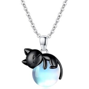 Cat Necklace Sterling Silver Cat Pendnat with Rose Quartz Pearl Jewellery Gifts for Women Girls Cat Lovers