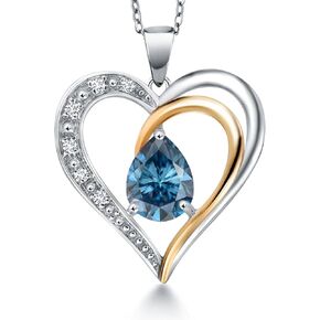 Gem Stone King 925 Sterling Silver and 10K Yellow Gold 8X6MM Pear Shaped Gemstone Birthstone & Lab Grown Diamond Heart Necklace | Love Pendant Necklace for Women By Keren Hanan