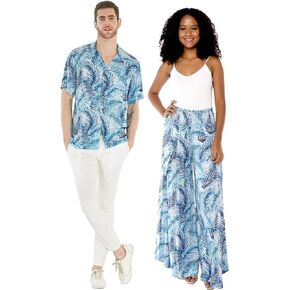 Matchable Couple Hawaiian Luau Shirt or Wide Legged Pants in Simply Blue Leaf