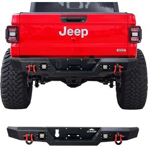 Off-Road Rear Bumper for Jeep Gladiator JT 2020 2021 2022 2023 2024 Textured Black Back Bumper Guard Heavy Duty Carbon Steel with 2PCS LED Flood Lights & Compatible Trailer Plug