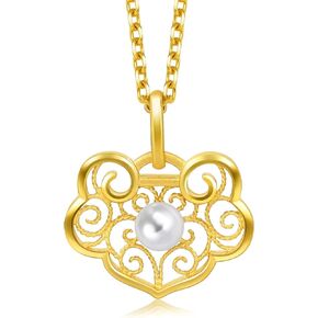 CHOW SANG SANG 999.9 24K Gold Ruyi Lock and Pearl Pendant for Women and Wedding Occasion 92009P [Not Include the Necklace]