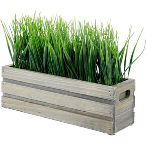 MyGift 12 Inch Artificial Green Grass Plant in Vintage Gray Brown Solid Wood Planter Box, Faux Greenery in Decorative Rectangular Crate Style Container