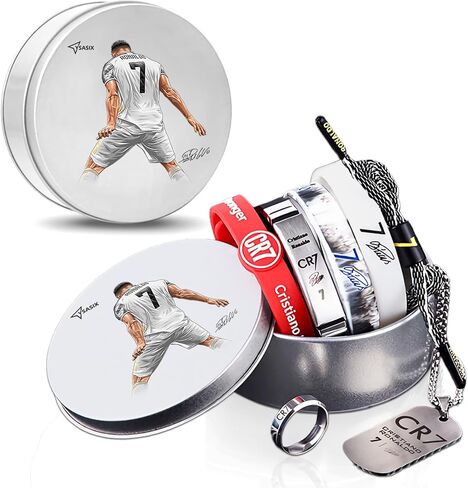 Ronaldo Soccer Sports Bracelets, Number 7 Adjustable Silicone Wristbands, Hand-Woven Bracelets, No.7 Stainless Steel Necklace, Creative Memorial Ring, Ronaldo No.7 Signature Commemorative Collector's Gift Box.(7Pcs Stuff) in Saudi Arabia