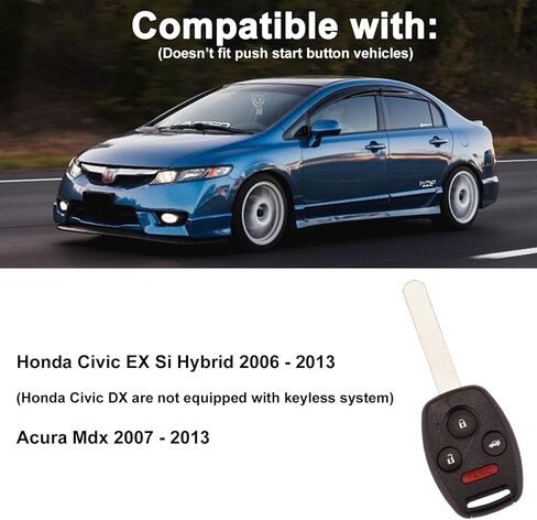لاستبدال مفتاح Honda Key Fob مع حلقة مفاتيح متوافقة مع Honda Civic EX Si Hybrid 2006-2013 Mdx 2007-2013 4 أزرار للتحكم عن بعد للدخول بدون مفتاح N5F-S0084A 35111-SVA-306، عبوتان (Hod-4R) in Kuwait