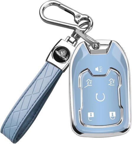 غطاء مفتاح Chevy Key Fob مع سلسلة مفاتيح، حافظة مفاتيح ناعمة للحماية الكاملة لسيارة شيفروليه سيلفرادو سوبربان تاهو جي إم سي أكاديا تيرين يوكون سييرا 1500 2500 3500 HD، 6 أزرار (أزرق) in Kuwait