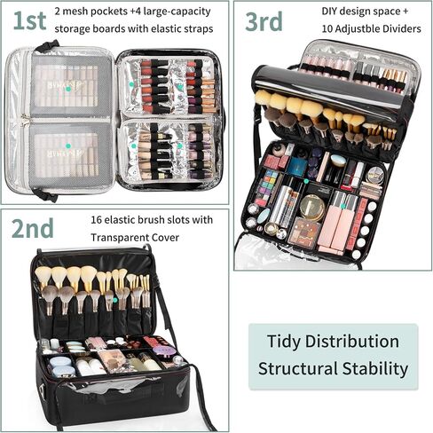 Extra Large Makeup Case, XL Makeup Bag Organizer Travel Cosmetic Case Portable Artist Storage Bag with Washable Plastic Divider and Heat Insulation Layer For Lipstick Makeup Toiletry Accessories Black in Saudi Arabia