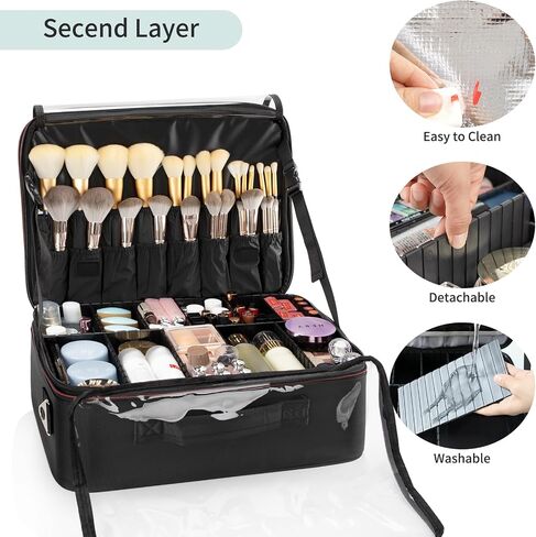 Extra Large Makeup Case, XL Makeup Bag Organizer Travel Cosmetic Case Portable Artist Storage Bag with Washable Plastic Divider and Heat Insulation Layer For Lipstick Makeup Toiletry Accessories Black in Saudi Arabia