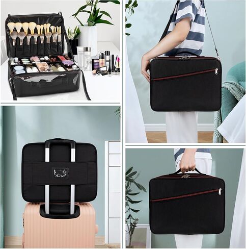 Extra Large Makeup Case, XL Makeup Bag Organizer Travel Cosmetic Case Portable Artist Storage Bag with Washable Plastic Divider and Heat Insulation Layer For Lipstick Makeup Toiletry Accessories Black in Saudi Arabia