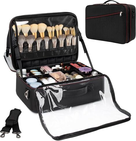 Extra Large Makeup Case, XL Makeup Bag Organizer Travel Cosmetic Case Portable Artist Storage Bag with Washable Plastic Divider and Heat Insulation Layer For Lipstick Makeup Toiletry Accessories Black in Saudi Arabia