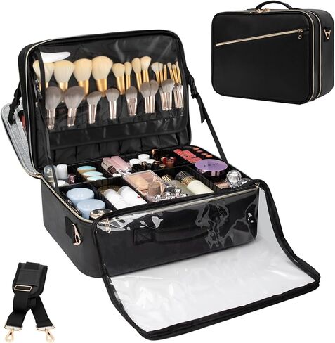 Extra Large Makeup Case, XL Makeup Bag Organizer Travel Cosmetic Case Portable Artist Storage Bag with Washable Plastic Divider and Heat Insulation Layer For Lipstick Makeup Toiletry Accessories Black in Kuwait