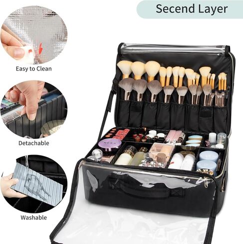 Extra Large Makeup Case, XL Makeup Bag Organizer Travel Cosmetic Case Portable Artist Storage Bag with Washable Plastic Divider and Heat Insulation Layer For Lipstick Makeup Toiletry Accessories Black in Kuwait