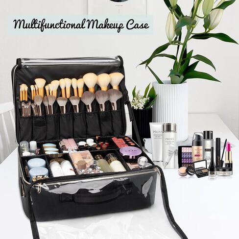 Extra Large Makeup Case, XL Makeup Bag Organizer Travel Cosmetic Case Portable Artist Storage Bag with Washable Plastic Divider and Heat Insulation Layer For Lipstick Makeup Toiletry Accessories Black in Kuwait