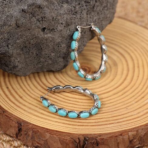 Bohemian Turquoise Geometric Oval Flower Drop Dangle Earrings Ethnic Teardrop for Women Girls Statement Cowgirl Boho Jewelry in Saudi Arabia