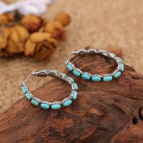 Bohemian Turquoise Geometric Oval Flower Drop Dangle Earrings Ethnic Teardrop for Women Girls Statement Cowgirl Boho Jewelry in Saudi Arabia