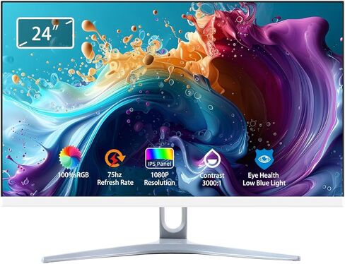 شاشة كمبيوتر 24 بوصة، شاشة كمبيوتر LED بدقة Full HD 1920x1080P LED IPS، منفذ HDMI VGA، بدون إطار، قابلة للتركيب على VESA، أبيض in Kuwait