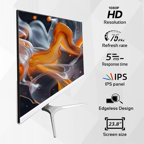 شاشة كمبيوتر 24 بوصة، شاشة كمبيوتر LED بدقة Full HD 1920x1080P LED IPS، منفذ HDMI VGA، بدون إطار، قابلة للتركيب على VESA، أبيض in Kuwait