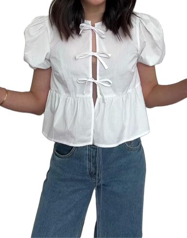 Tie Front Tops for Women Y2k Short Puff Sleeve Blouse Ruffle Hem Peplum Shirt Reversible Babydoll Tops Streetwear in Saudi Arabia