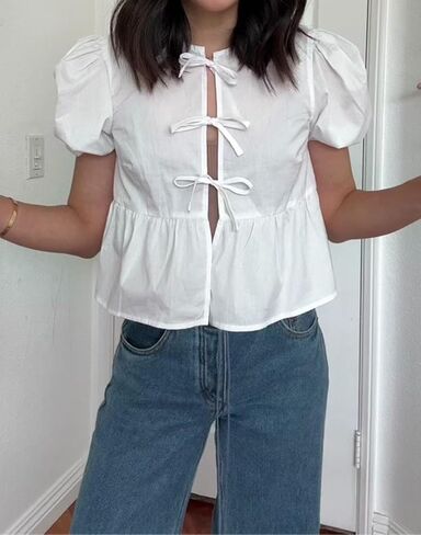 Tie Front Tops for Women Y2k Short Puff Sleeve Blouse Ruffle Hem Peplum Shirt Reversible Babydoll Tops Streetwear in Saudi Arabia