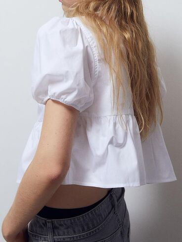 Tie Front Tops for Women Y2k Short Puff Sleeve Blouse Ruffle Hem Peplum Shirt Reversible Babydoll Tops Streetwear in Saudi Arabia