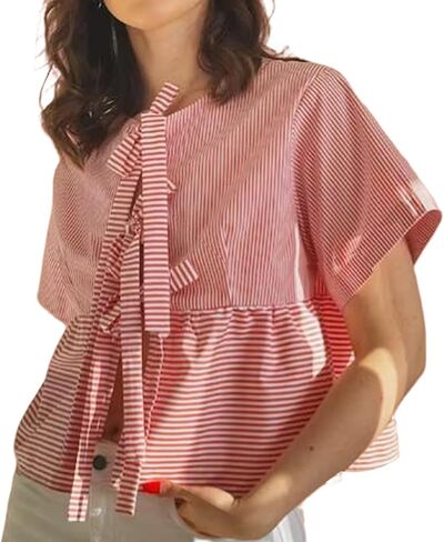 Tie Front Tops for Women Y2k Short Puff Sleeve Blouse Ruffle Hem Peplum Shirt Reversible Babydoll Tops Streetwear in Saudi Arabia