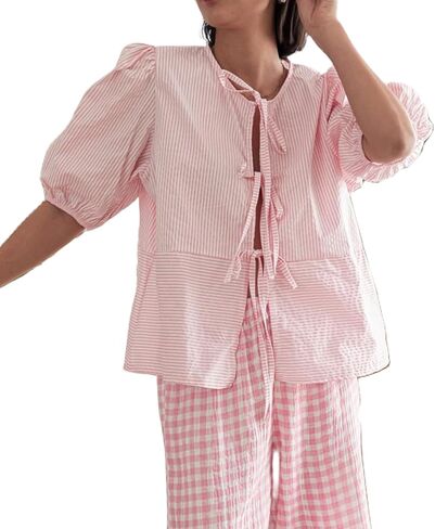 Tie Front Tops for Women Y2k Short Puff Sleeve Blouse Ruffle Hem Peplum Shirt Reversible Babydoll Tops Streetwear in Kuwait