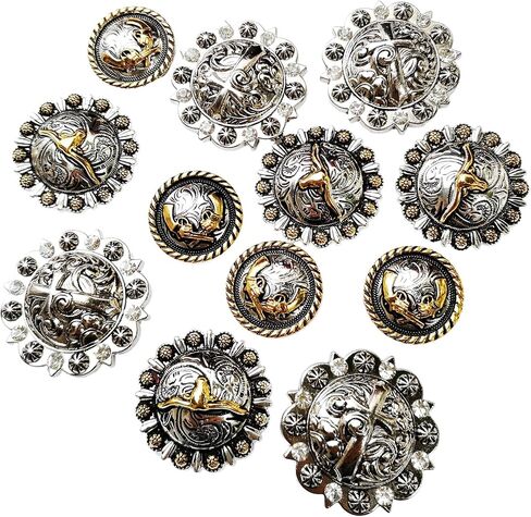 الحصان تك العتيقة محفورة التوت Conchos المسمار الخلفي الصليب شارات قرون طويلة توجيه الجلود الحرفية Bukle 12 قطعة مختلطة in Kuwait