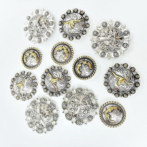 الحصان تك العتيقة محفورة التوت Conchos المسمار الخلفي الصليب شارات قرون طويلة توجيه الجلود الحرفية Bukle 12 قطعة مختلطة in Kuwait