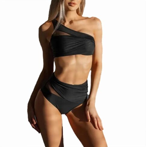 Women's Full wrap high Waist mesh Patchwork Bikini one Shoulder Pleated Fashion Swimsuit in Saudi Arabia