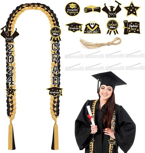 2024 Graduation Ribbon Leis, Handmade Braided Necklace Ribbon Lei with Class of 2024 Number Embroidery Patches Grad Honor Cord Graduation Gifts for Gifts College High School Party Supply(Black, Gold) in Saudi Arabia