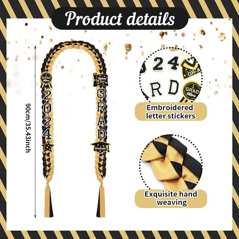 2024 Graduation Ribbon Leis, Handmade Braided Necklace Ribbon Lei with Class of 2024 Number Embroidery Patches Grad Honor Cord Graduation Gifts for Gifts College High School Party Supply(Black, Gold) in Saudi Arabia