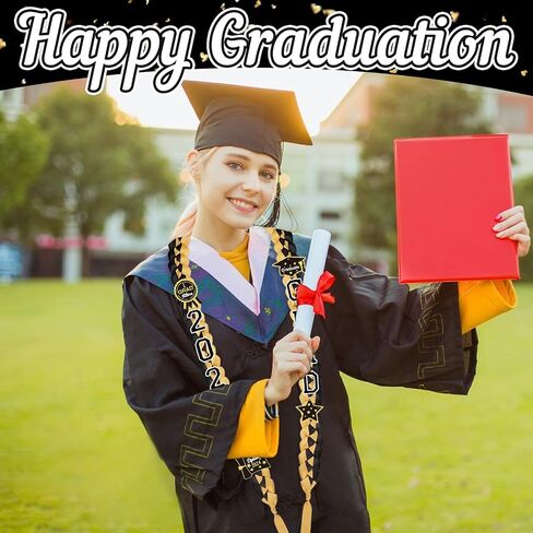 2024 Graduation Ribbon Leis, Handmade Braided Necklace Ribbon Lei with Class of 2024 Number Embroidery Patches Grad Honor Cord Graduation Gifts for Gifts College High School Party Supply(Black, Gold) in Saudi Arabia