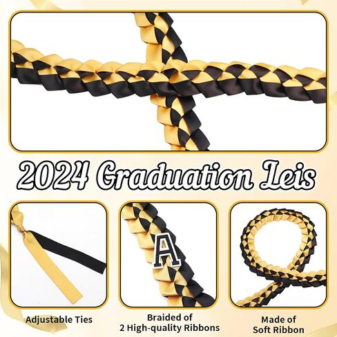 2024 Graduation Ribbon Leis, Handmade Braided Necklace Ribbon Lei with Class of 2024 Number Embroidery Patches Grad Honor Cord Graduation Gifts for Gifts College High School Party Supply(Black, Gold) in Saudi Arabia