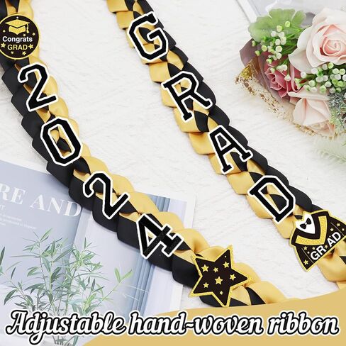 2024 Graduation Ribbon Leis, Handmade Braided Necklace Ribbon Lei with Class of 2024 Number Embroidery Patches Grad Honor Cord Graduation Gifts for Gifts College High School Party Supply(Black, Gold) in Saudi Arabia