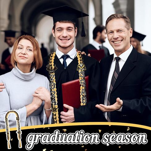 2024 Graduation Ribbon Leis, Handmade Braided Necklace Ribbon Lei with Class of 2024 Number Embroidery Patches Grad Honor Cord Graduation Gifts for Gifts College High School Party Supply(Black, Gold) in Saudi Arabia