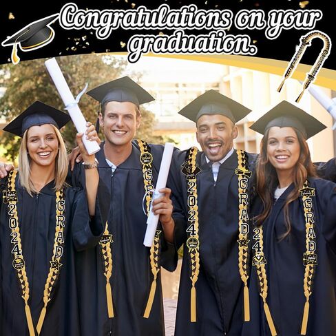 2024 Graduation Ribbon Leis, Handmade Braided Necklace Ribbon Lei with Class of 2024 Number Embroidery Patches Grad Honor Cord Graduation Gifts for Gifts College High School Party Supply(Black, Gold) in Saudi Arabia
